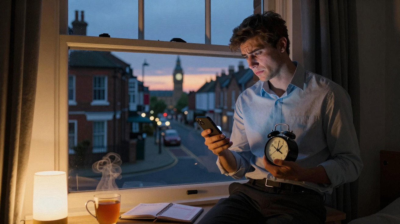 Man holding alarm clock and phone, sitting by window at dusk with Big Ben visible outside.