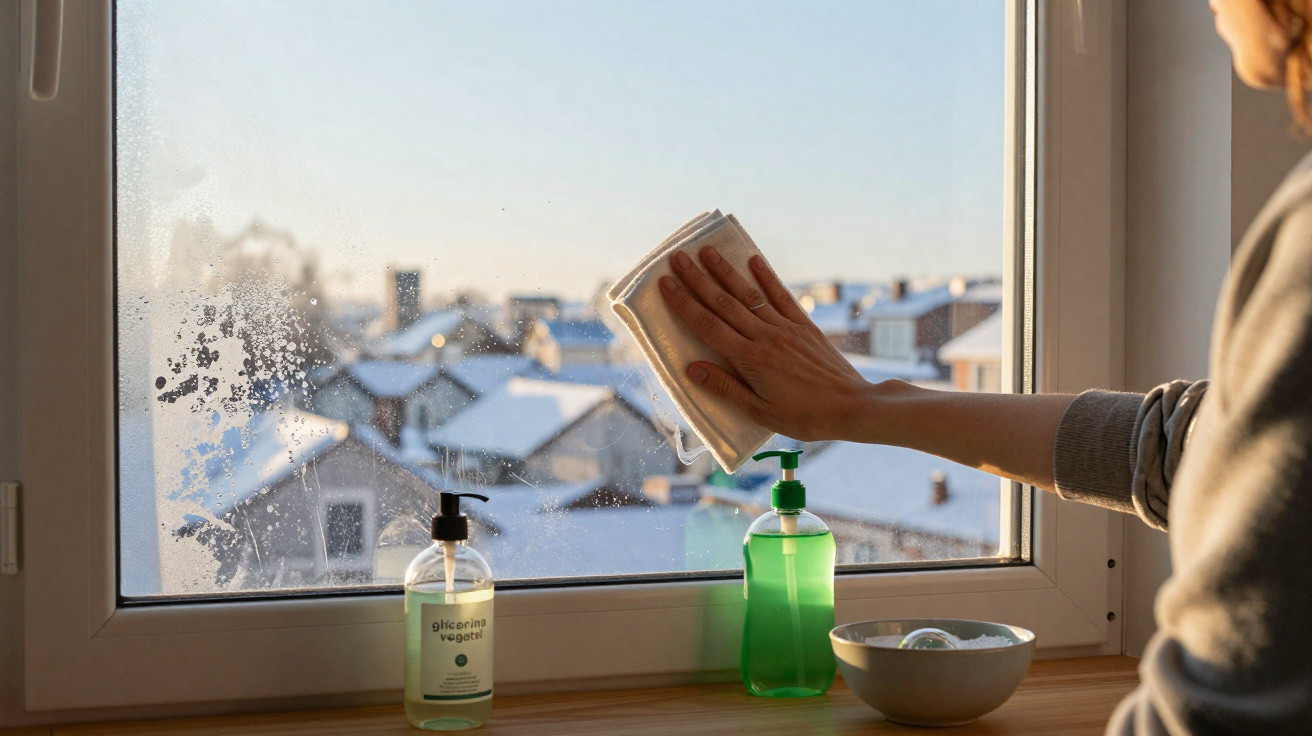 Person cleaning a frosty window with a cloth on a sunny winter day, bottles and a bowl on the windowsill.