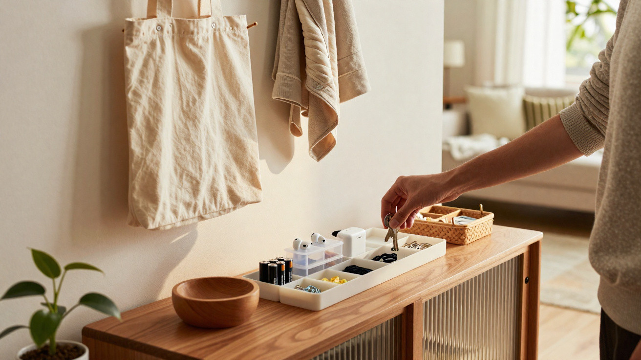 Person placing keys into an organised tray on a wooden sideboard in a cosy home hallway.
