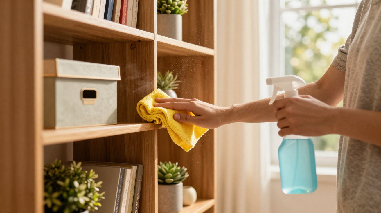 Person cleaning wooden shelves with a yellow cloth and blue spray bottle in a sunlit room.