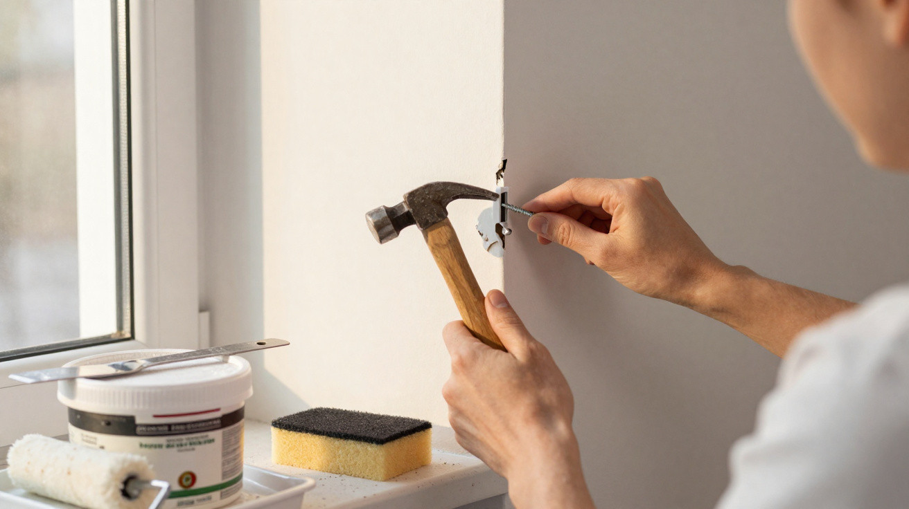 Person using a hammer to fix a picture hook on a beige wall near a window with painting supplies nearby.