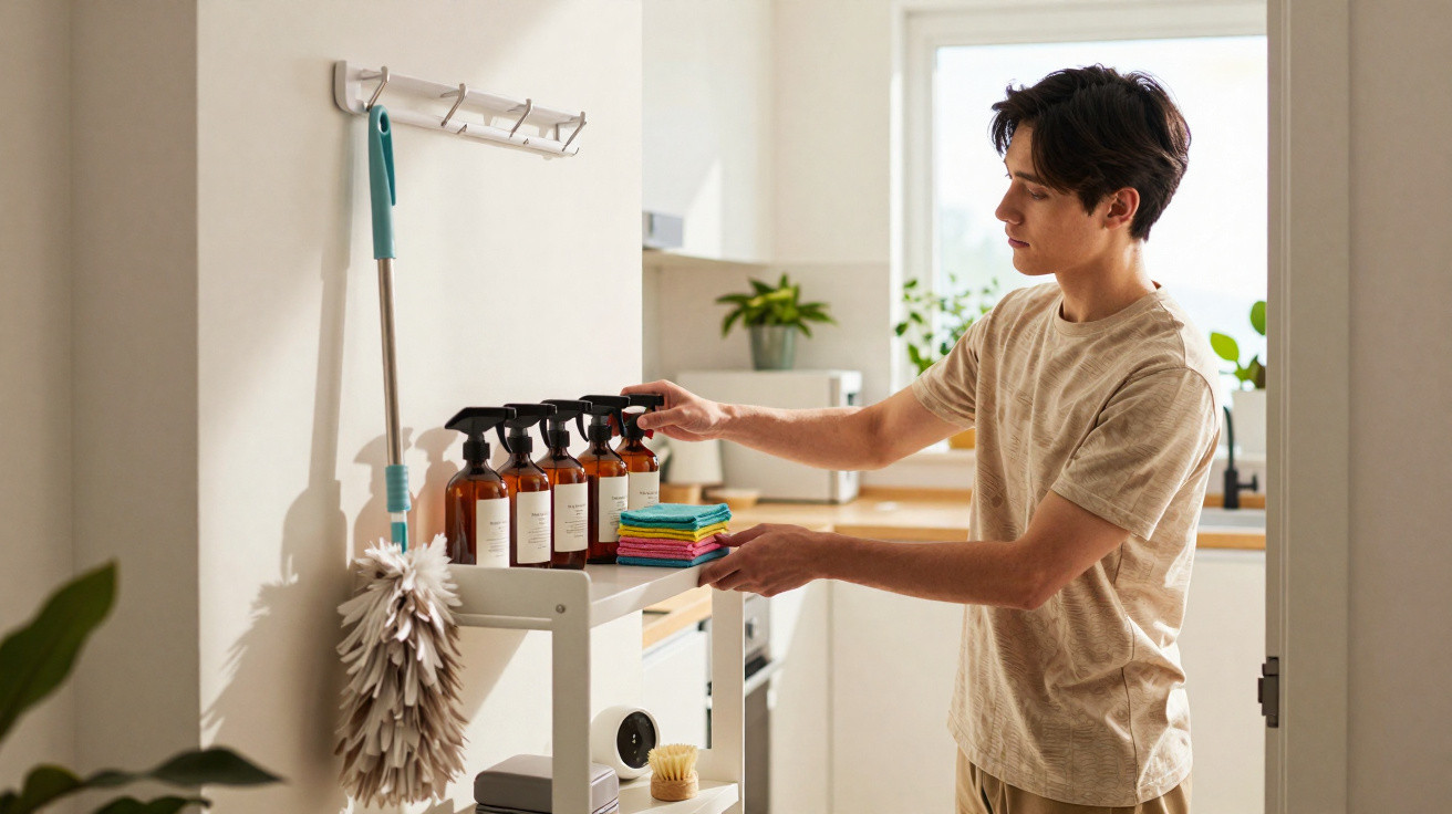 Young man organising cleaning sprays and cloths on a shelf in a bright kitchen.