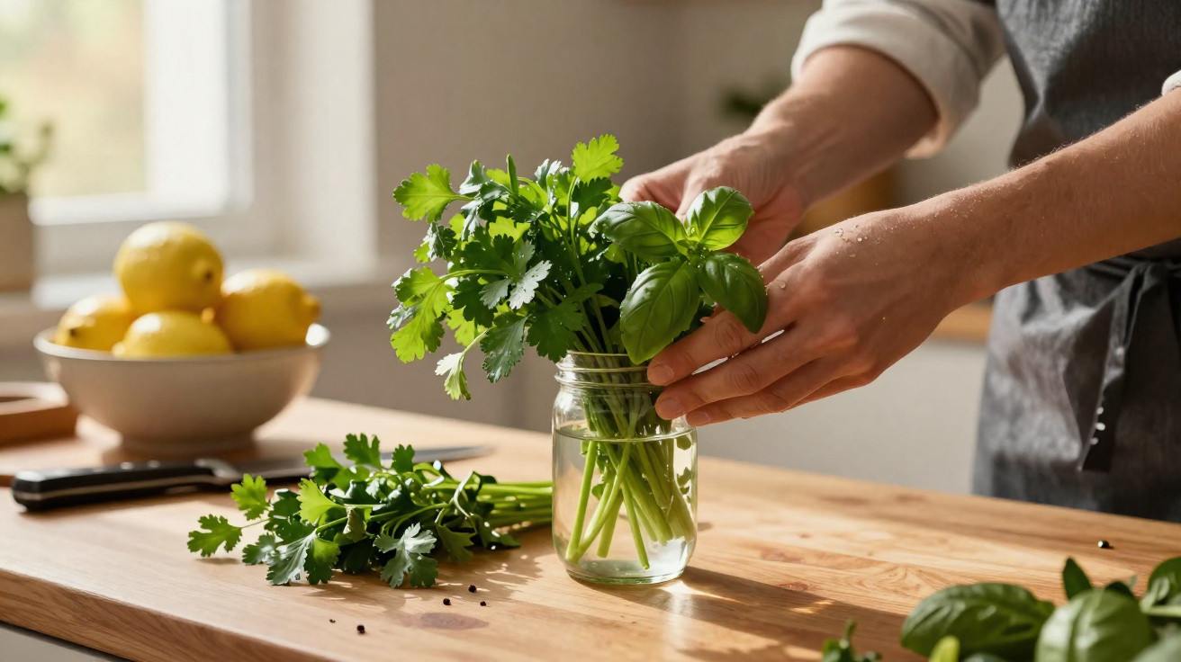 Person arranging fresh parsley and basil in a glass jar with lemons in a bowl on a wooden kitchen table.