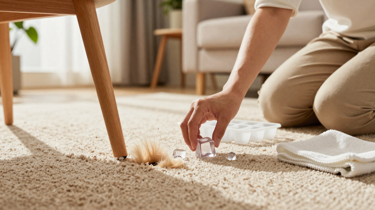 Person picking up plastic ice cubes spilled on a beige carpet near a wooden chair leg.