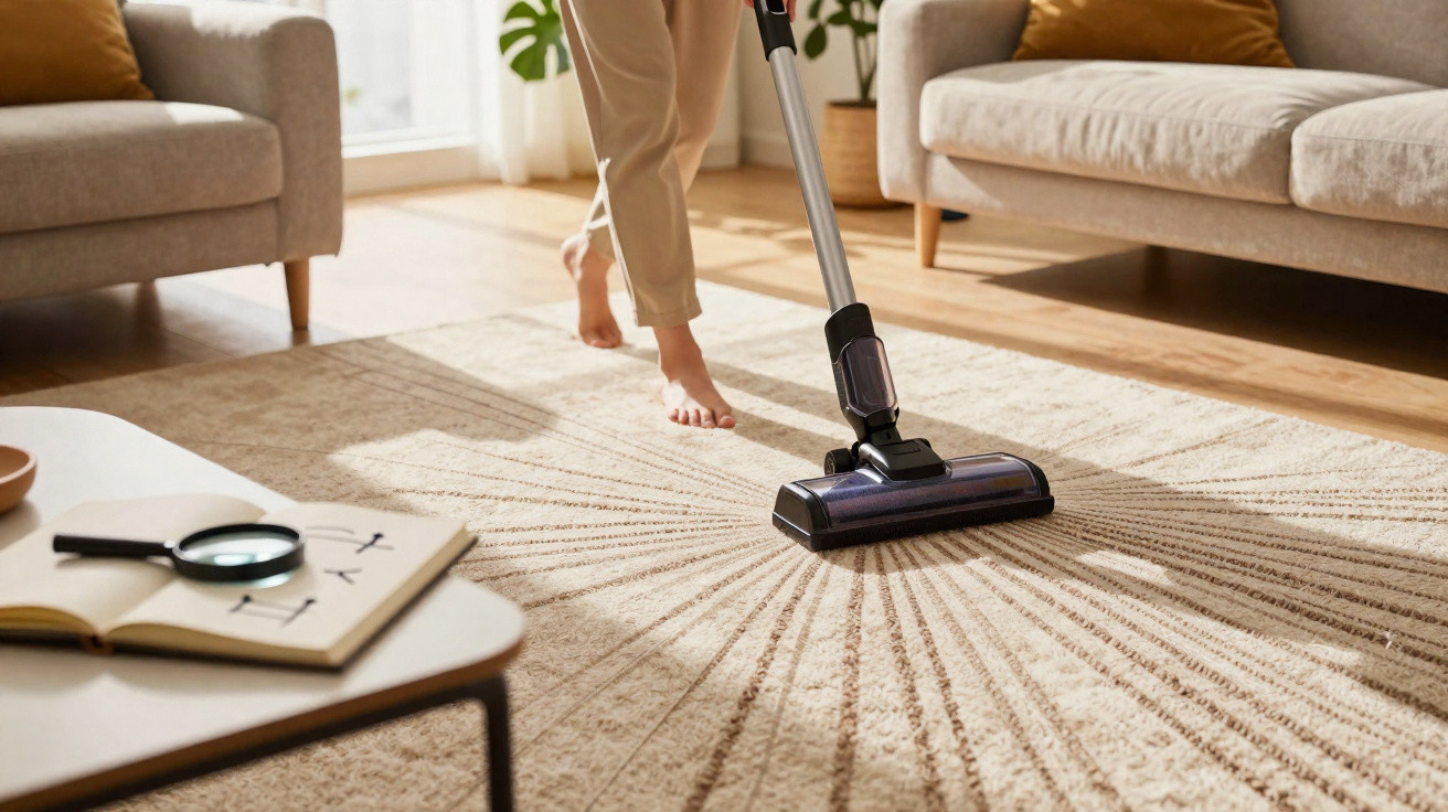 Person vacuuming a patterned beige rug barefoot in a bright living room with sofas and a coffee table.
