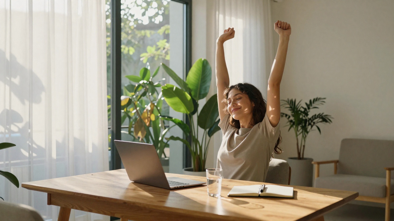Woman stretching arms while sitting at wooden desk with laptop, notebook, and glass of water near window with plants