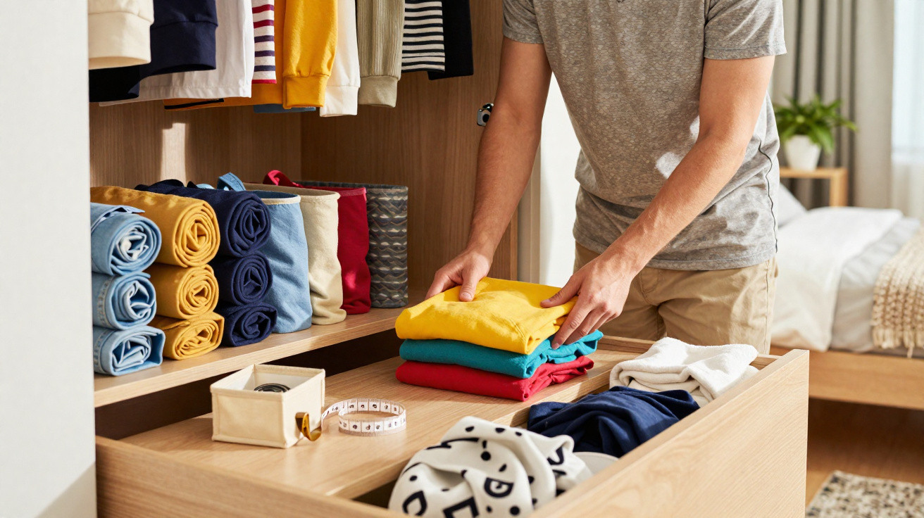 Person organising folded clothes in a wooden drawer with rolled shirts and hanging garments in a wardrobe.