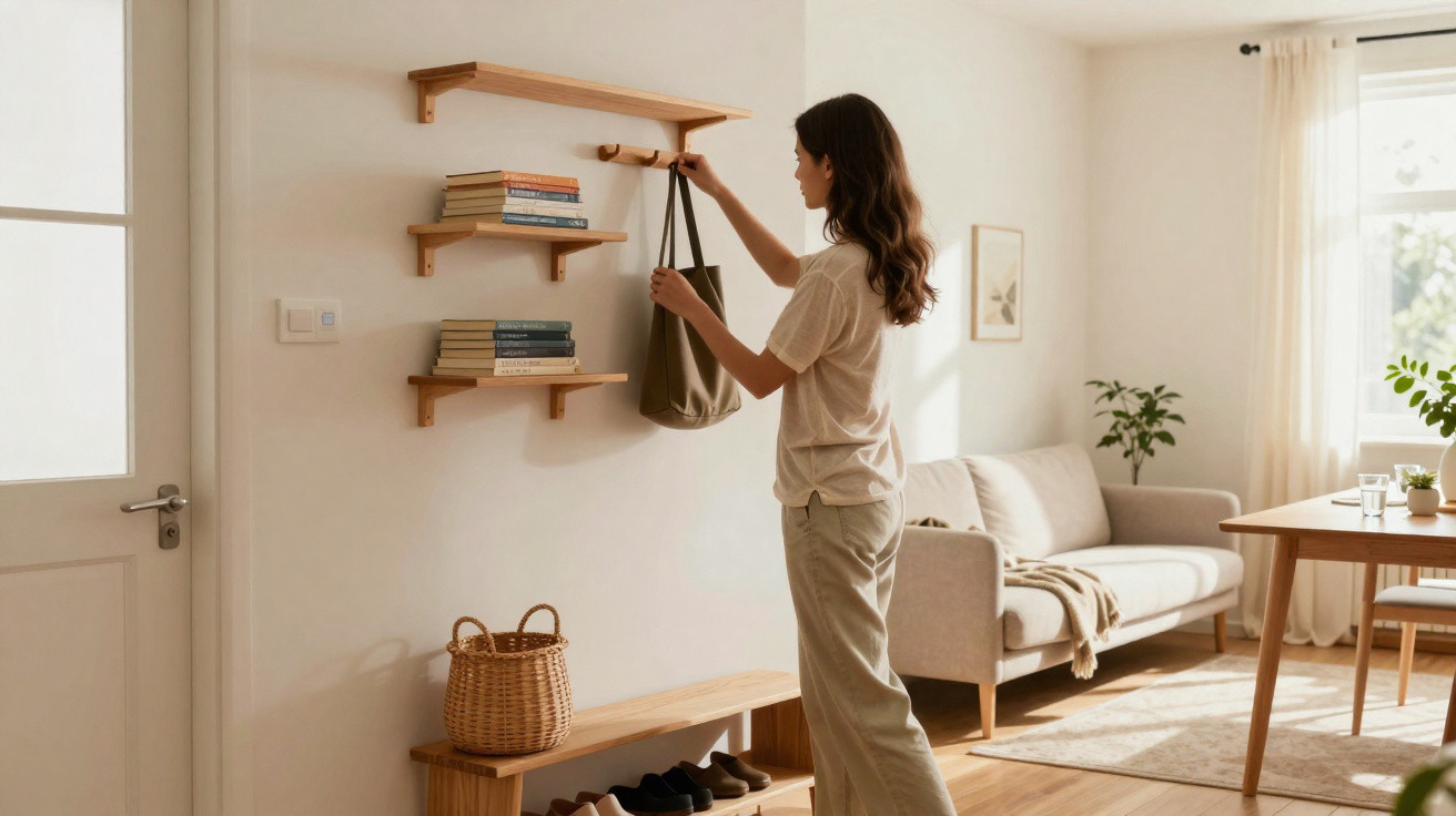 Woman hanging a bag on wooden wall shelves in a cosy living room with natural light.