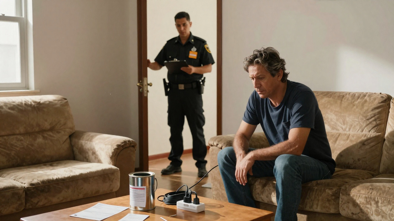 Man sitting on sofa looking distressed while police officer writes on clipboard in the background