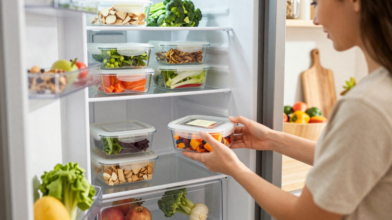 Woman placing a plastic container with cut vegetables inside a fridge filled with fresh produce in clear containers.