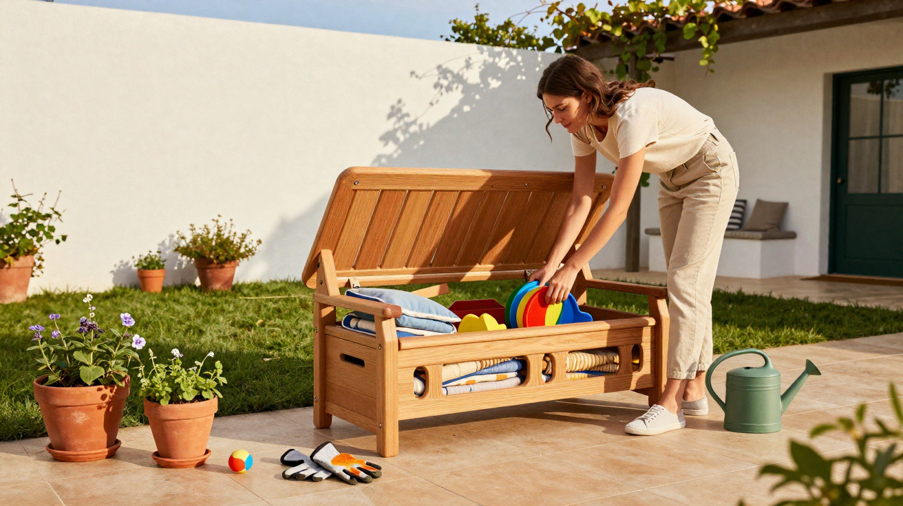 Woman organising cushions and toys in an outdoor wooden storage bench beside potted plants and a watering can.