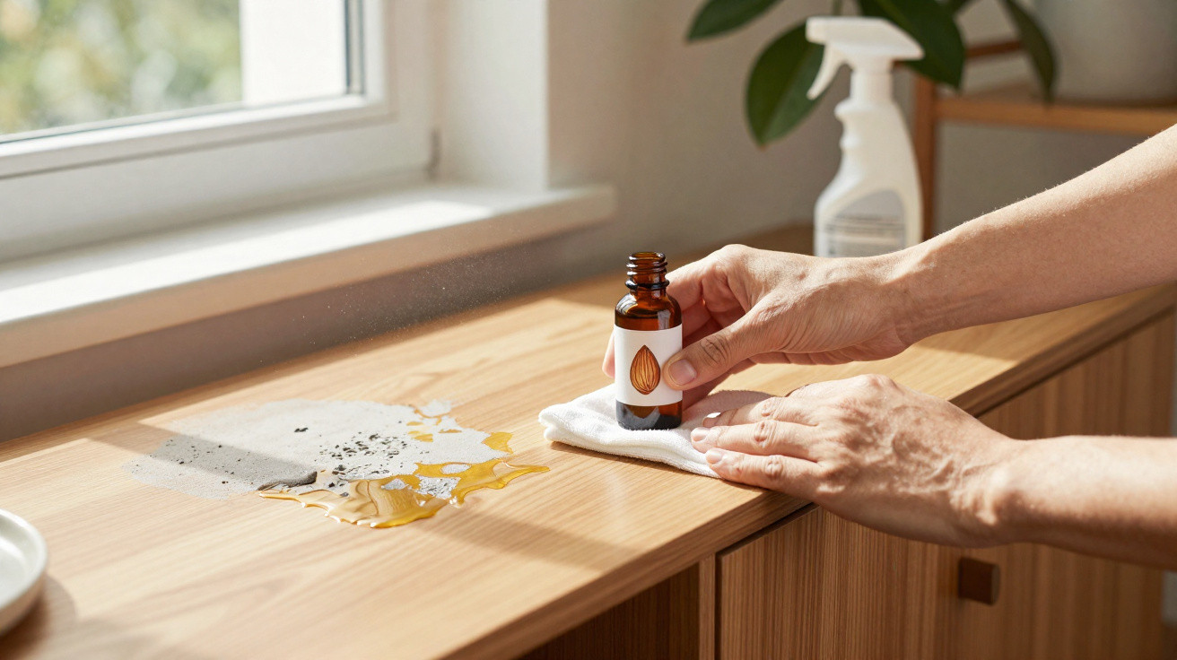 Hands using oil and cloth to clean a wooden surface stained with spilled liquid near a window.