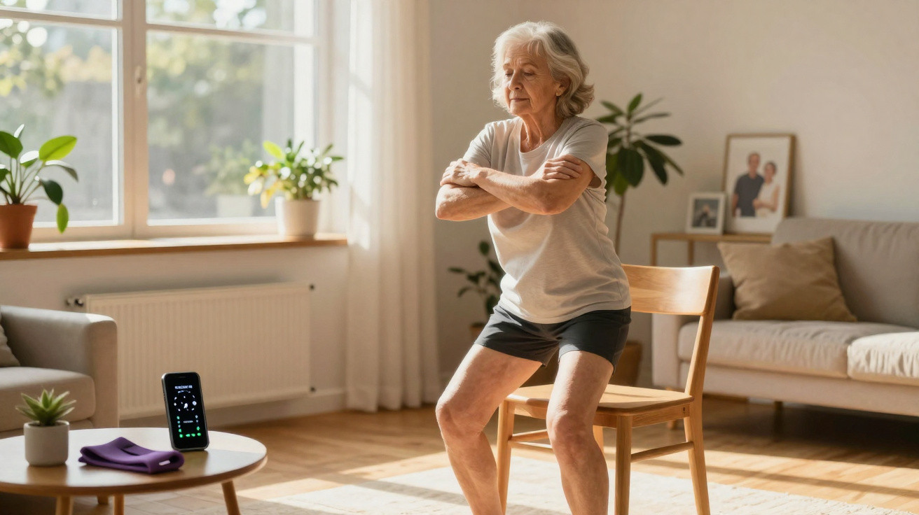 Elderly woman exercising by doing chair squats in a sunlit living room with plants and a phone nearby.