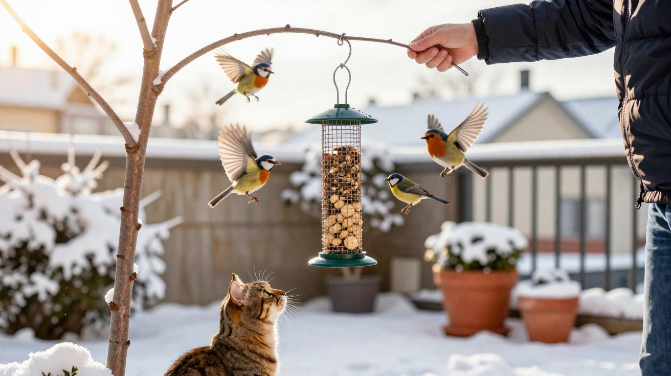 Person holding bird feeder with four birds flying around and a cat watching in snowy garden.