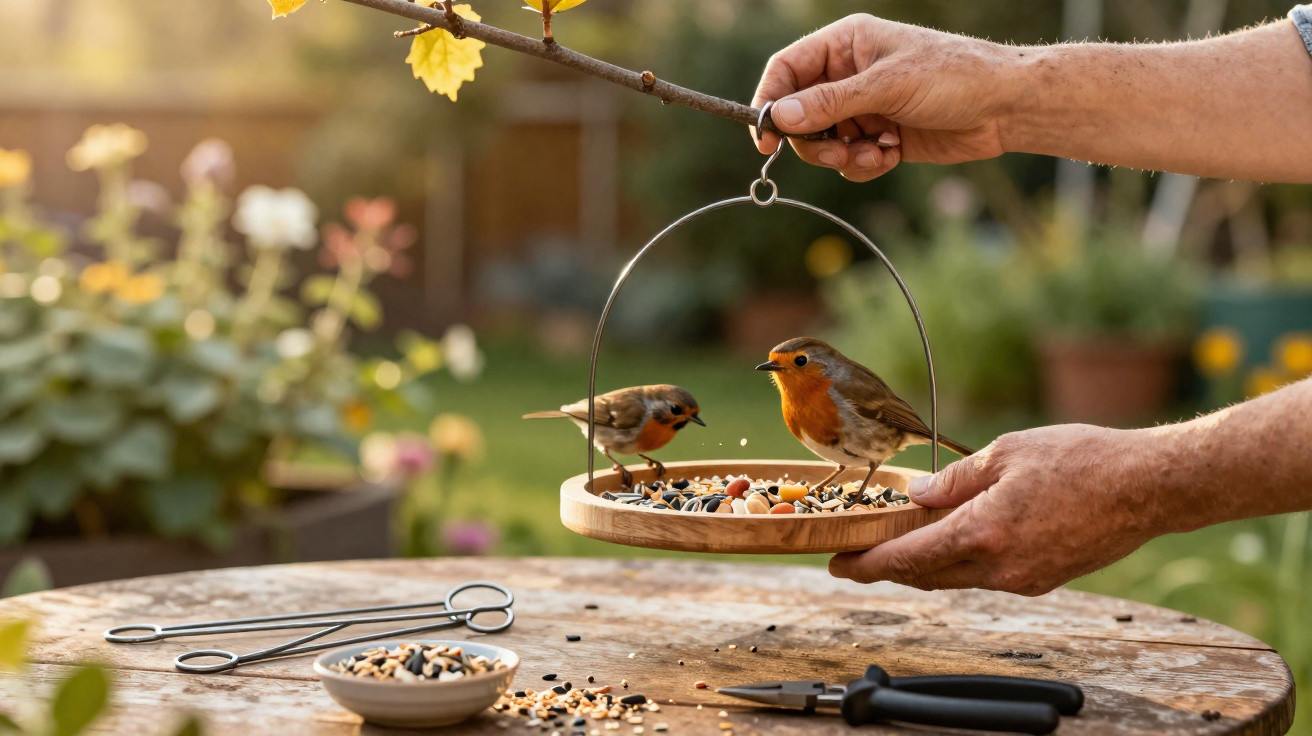 Two robins feeding from a wooden hanging bird feeder held by a person in a garden.