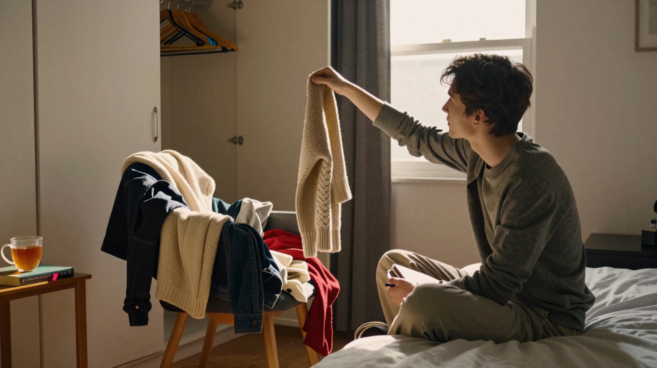 Young man sitting on a bed sorting through a pile of clothes draped over a chair in a sunlit bedroom.