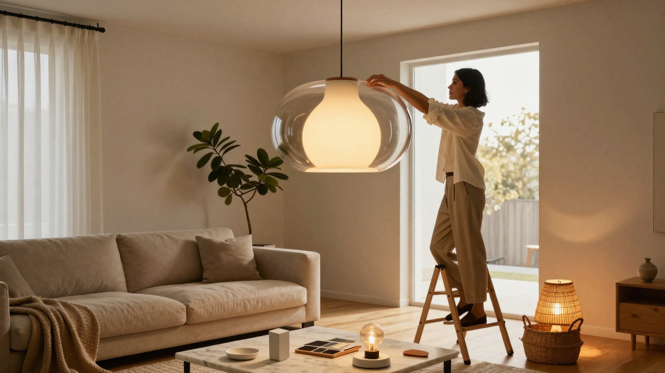 Woman adjusting a large pendant lamp in a cosy living room with beige sofa and natural light.