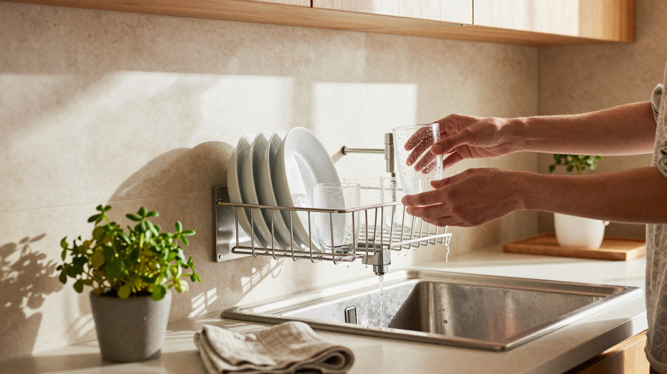 Hands washing a glass above a kitchen sink with plates and glasses drying on a rack in natural light.
