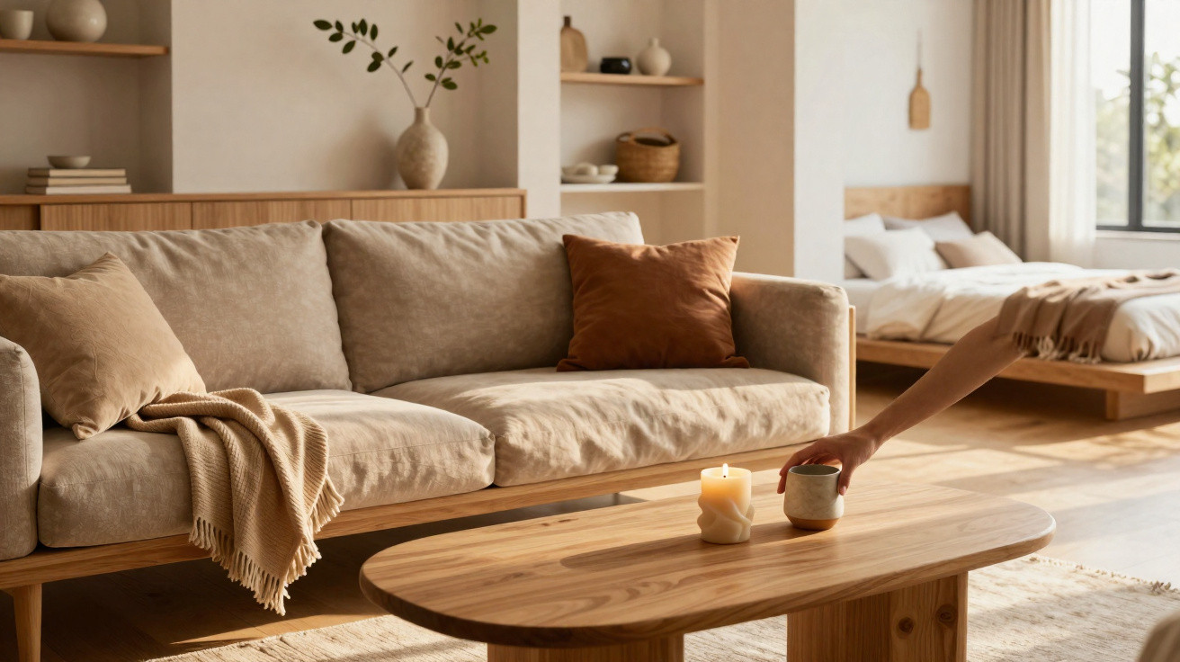 Modern living room with beige sofa, decorative pillows, wooden coffee table, lit candle, and bed in background.