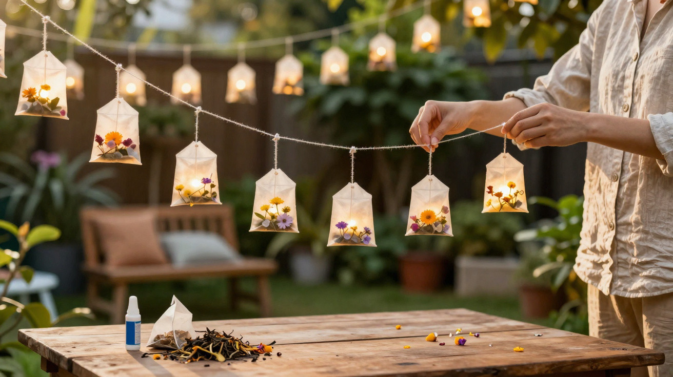 A person hanging string lights with tea bag-shaped lanterns containing dried flowers in a garden setting.