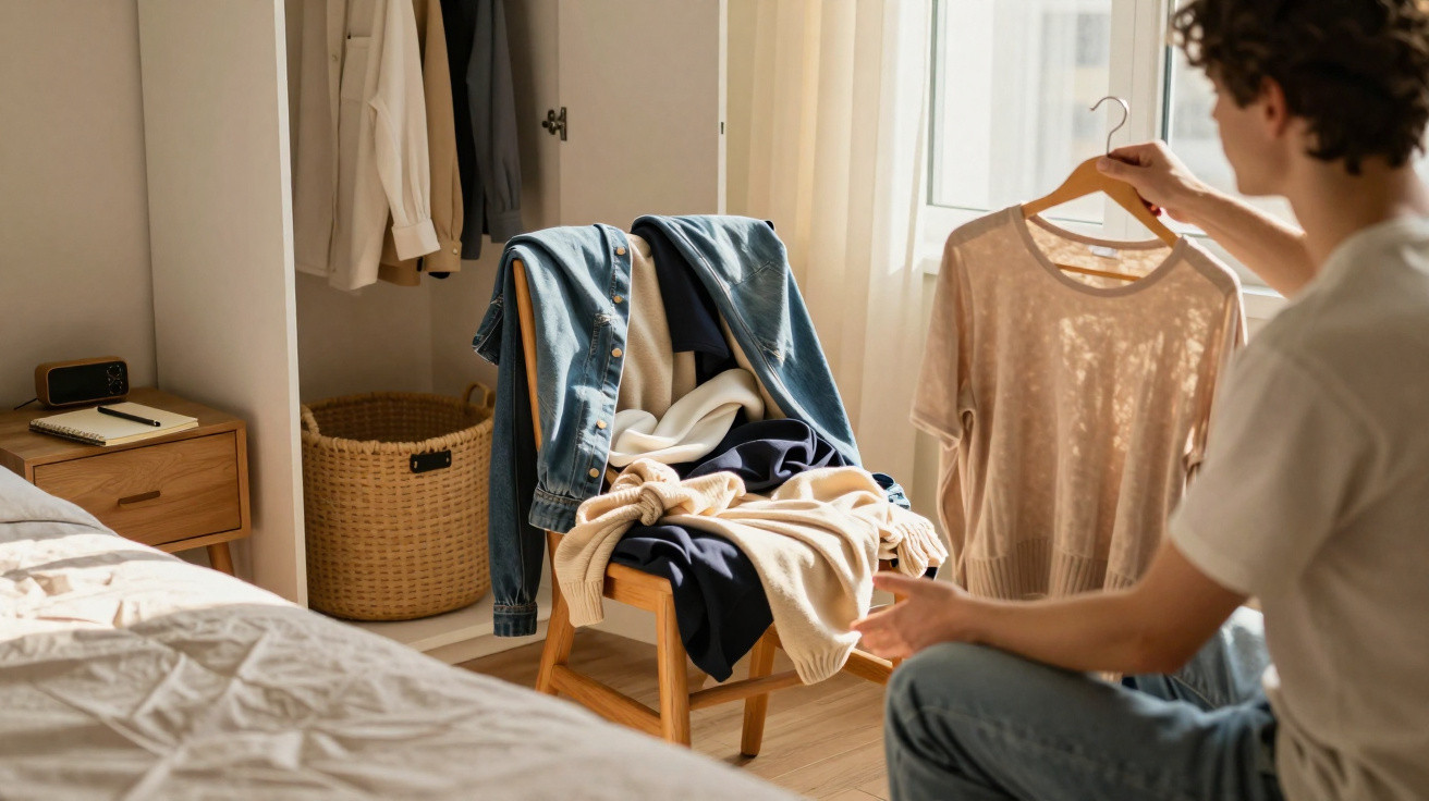 Person sitting by a sunlit window holding a beige T-shirt, with clothes draped over a wooden chair nearby.