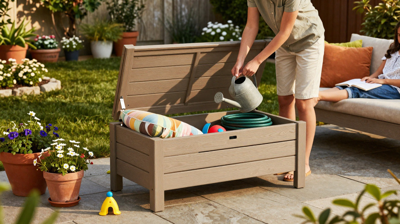 Person placing a watering can into an open outdoor storage box on a patio with plants and a seated child nearby.