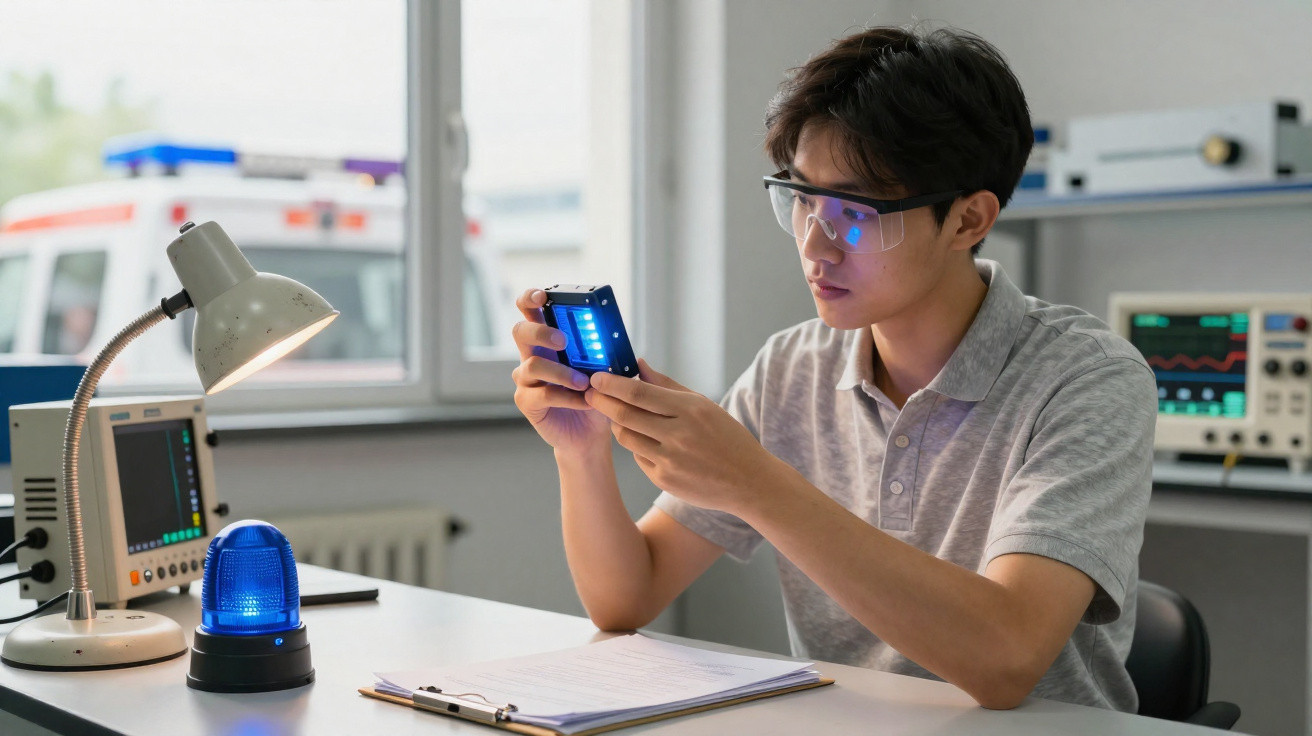 Young man wearing safety glasses examines a blue LED device in a laboratory setting with monitoring equipment.