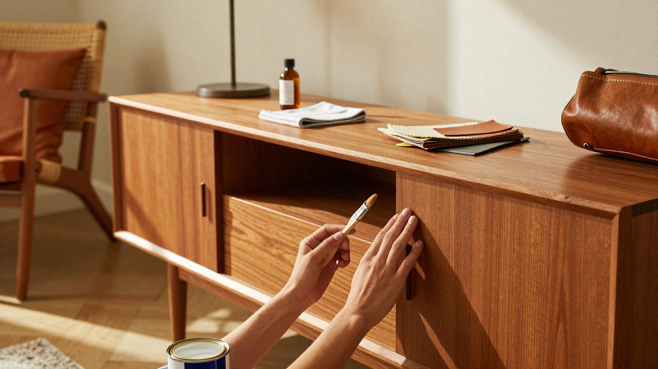 Person assembling or repairing a wooden sideboard in a sunlit room with a chair and scattered items on top.