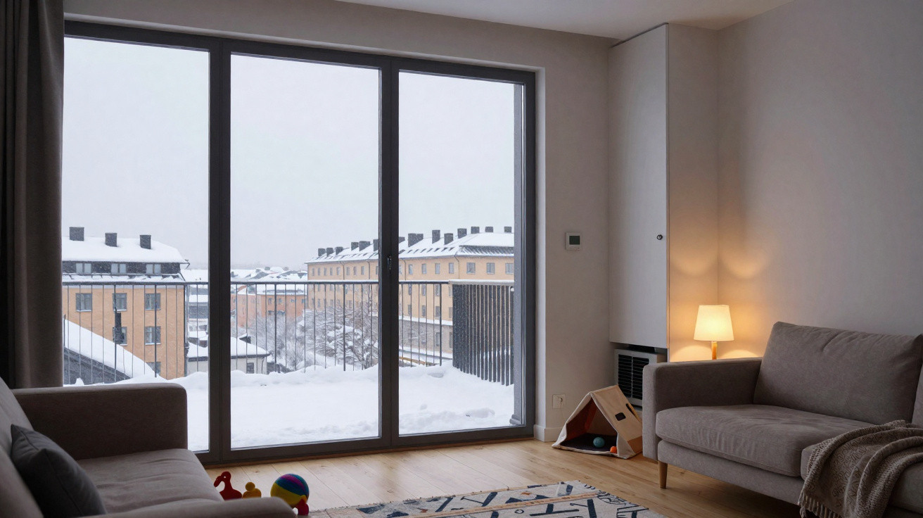 Modern living room with grey sofas, a floor lamp, toys on a rug, and a snowy view through large glass doors.