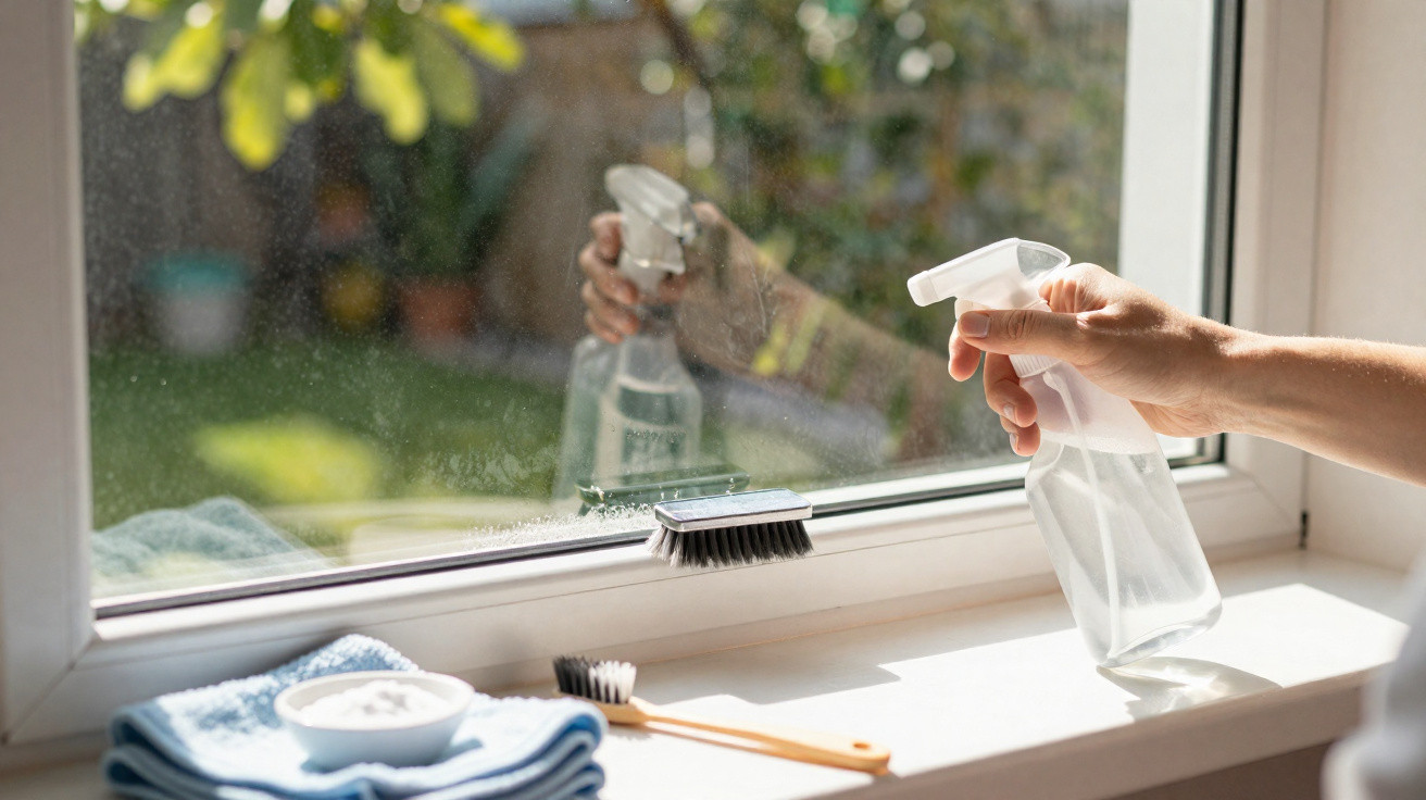 Hand holding spray bottle cleaning a window with brushes and cloth on the sill in daylight.