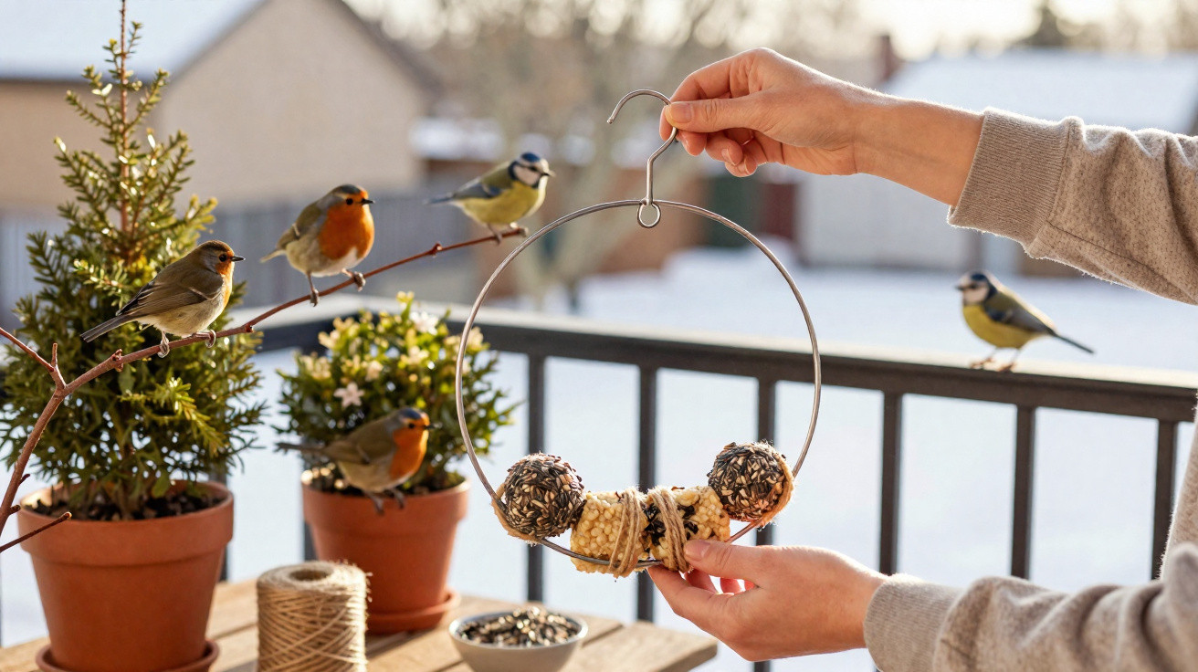 Hands holding a circular bird feeder with seeds and nuts, birds perched on nearby branches and railing in a snowy garden.