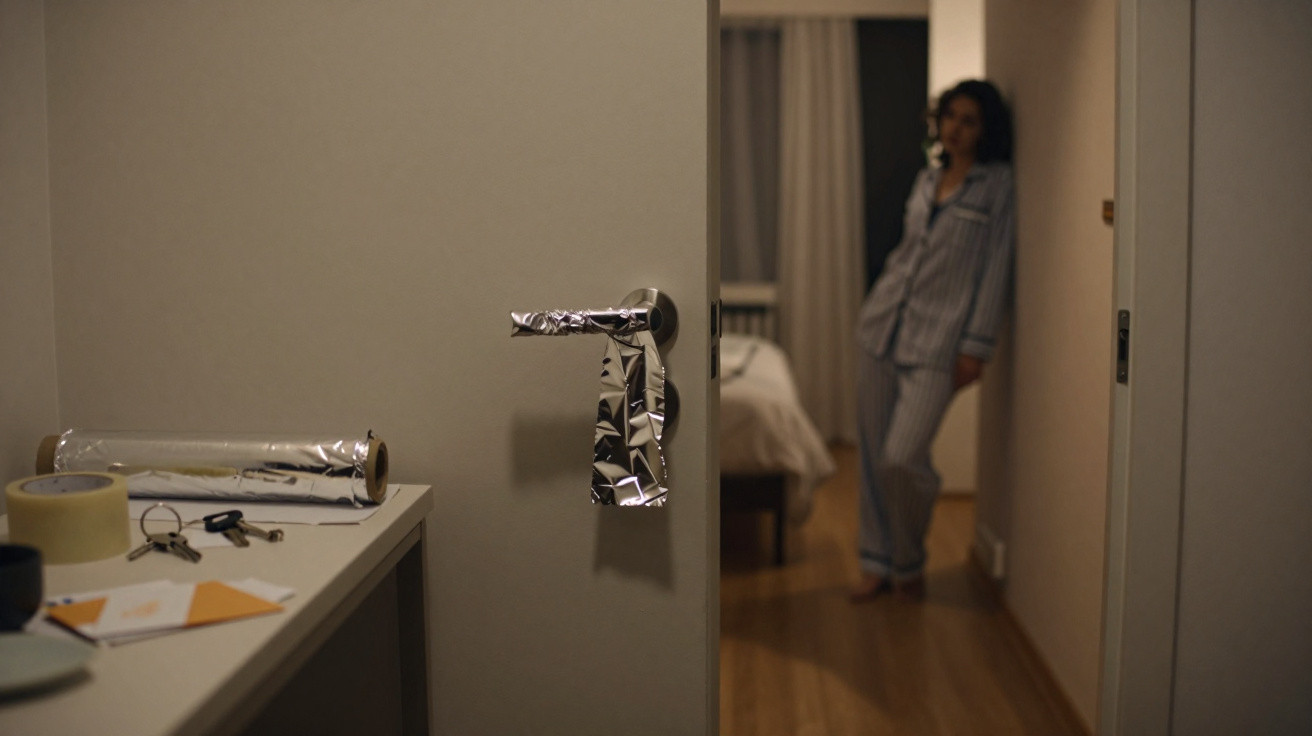 Door handle covered with aluminium foil with a person in pajamas leaning against a wall in the background.