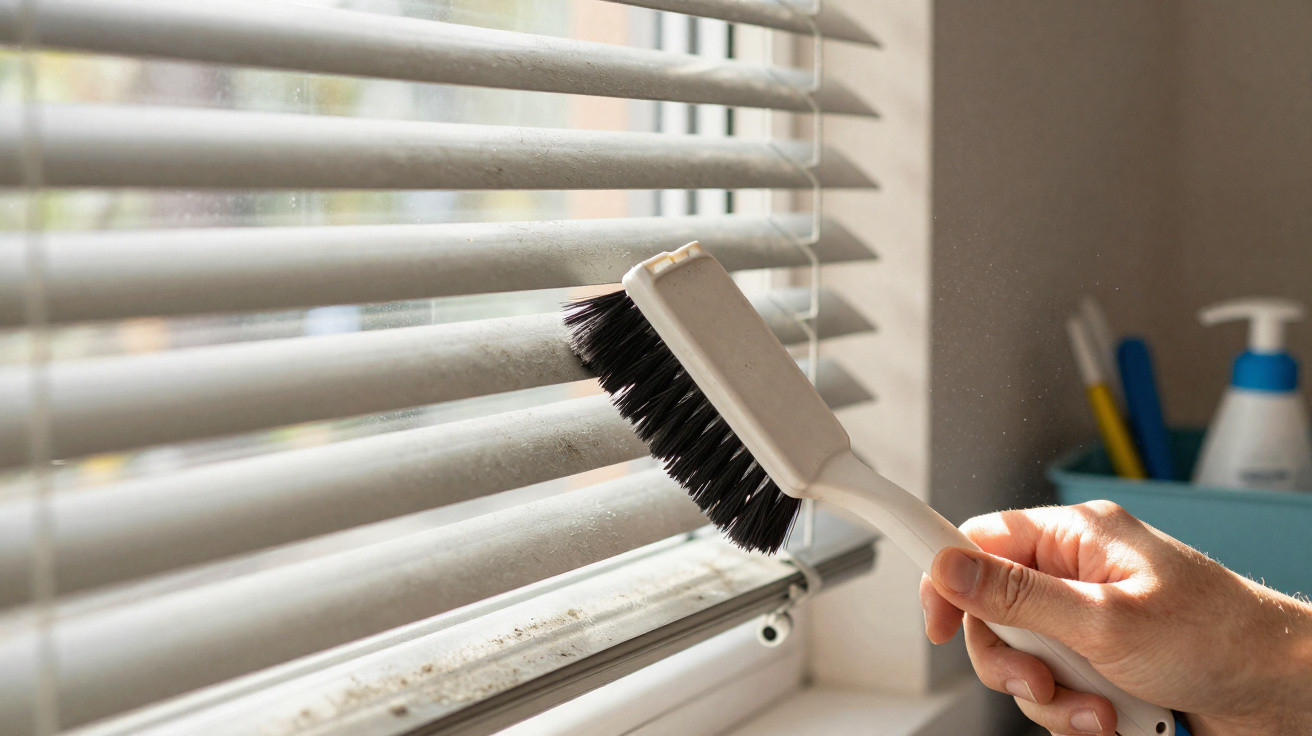 Hand brushing dust off white window blinds near a windowsill in daylight.