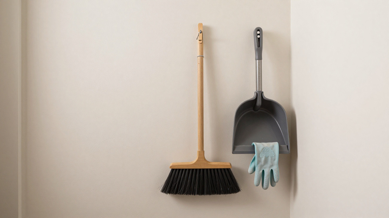 Broom with wooden handle and black bristles next to plastic dustpan holding a pair of blue rubber gloves hanging on a wall.