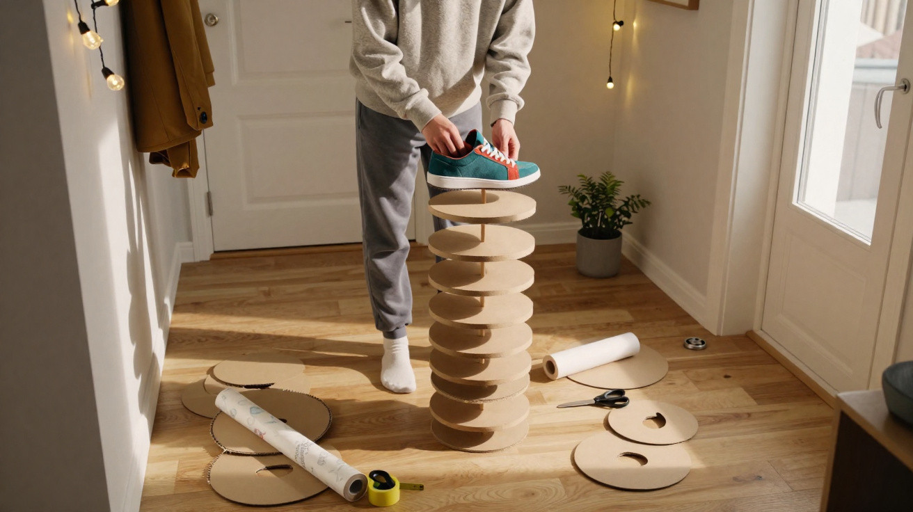 Person assembling a tall cardboard tower on a wooden floor, placing a sneaker on top in a bright room.
