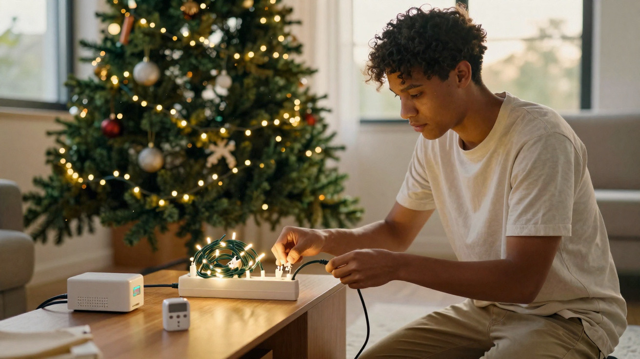 Young man plugging in Christmas lights on a wooden table with a decorated Christmas tree in the background.