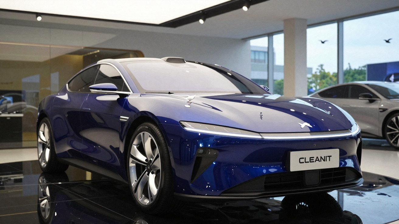 Sleek blue electric car on display in a modern showroom with large windows and polished black floor.