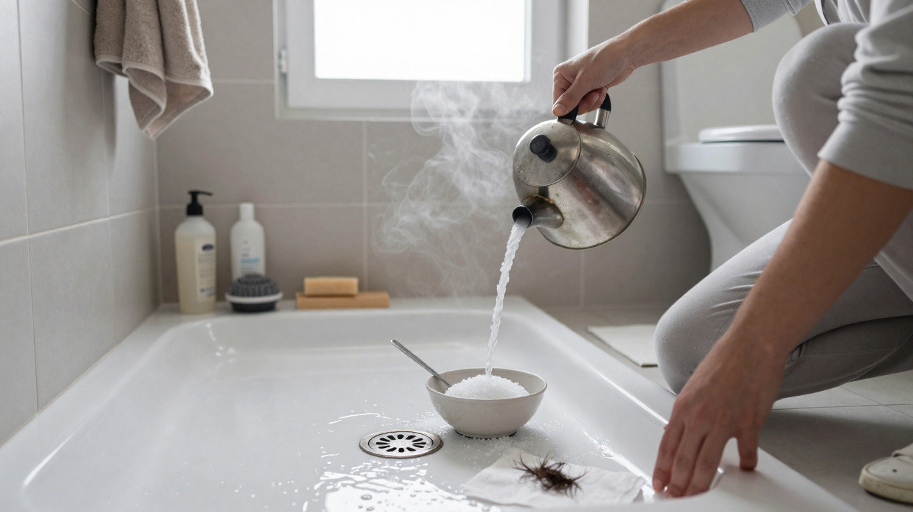Person pouring hot water from a kettle into a bowl on a bathroom floor with hair on a tissue nearby.
