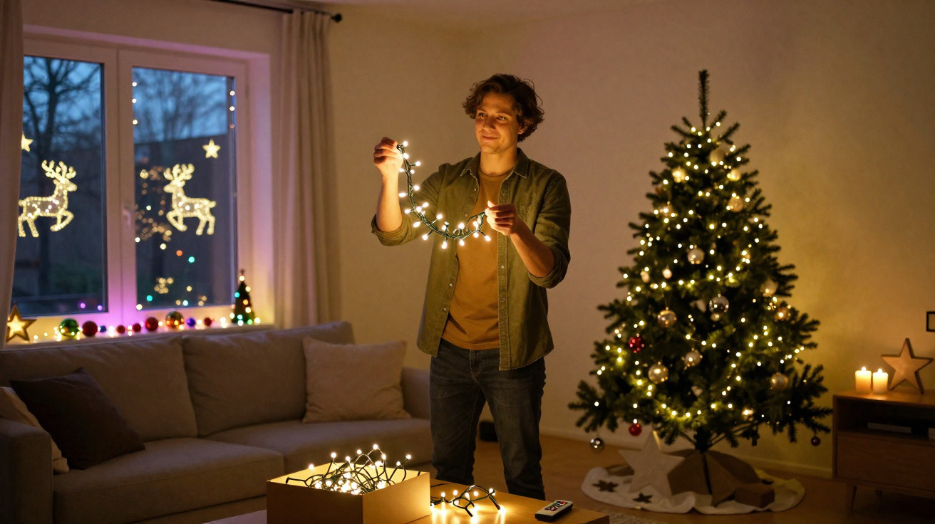 Young man decorating his home with Christmas lights beside a decorated Christmas tree in the evening.