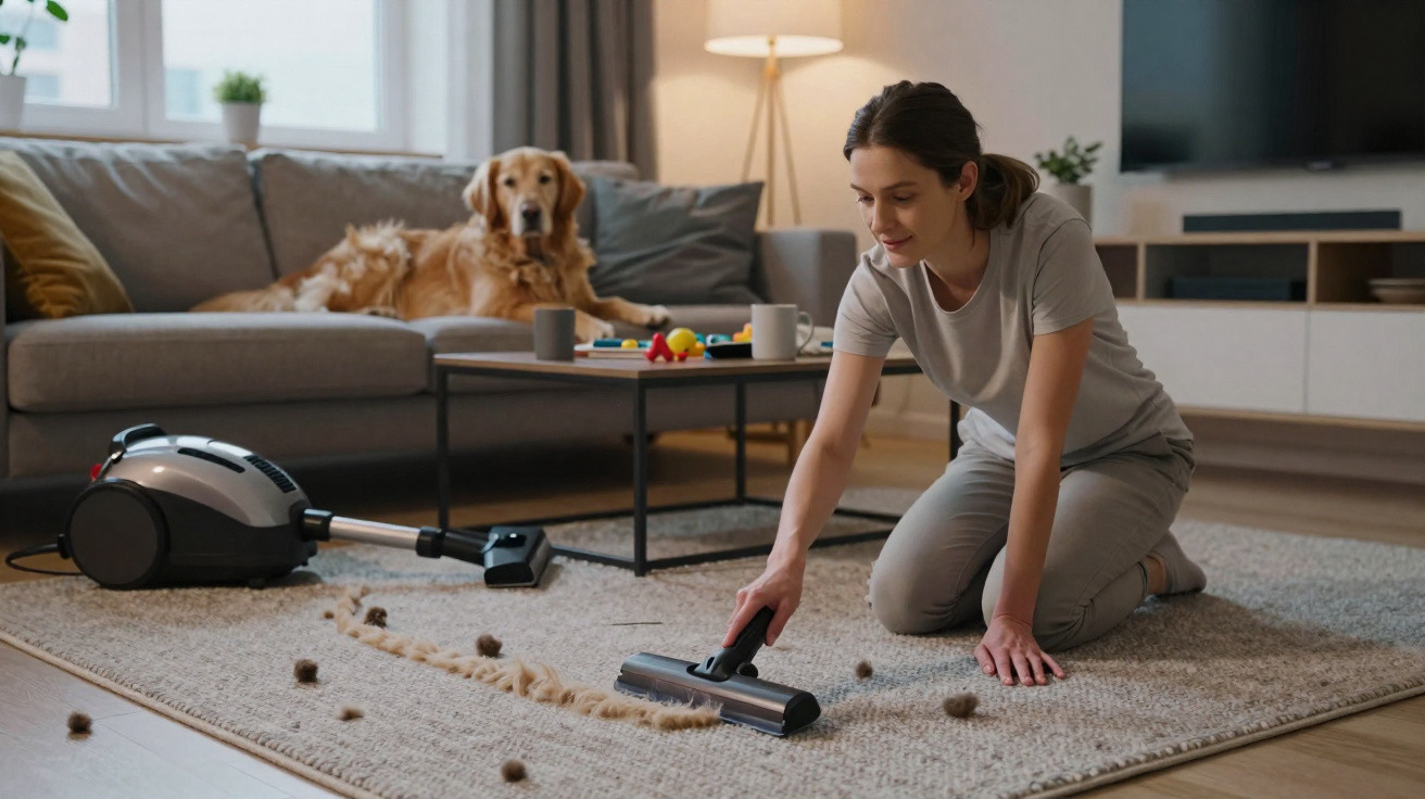 Woman vacuuming carpet with pet hair while golden retriever lies on sofa in living room