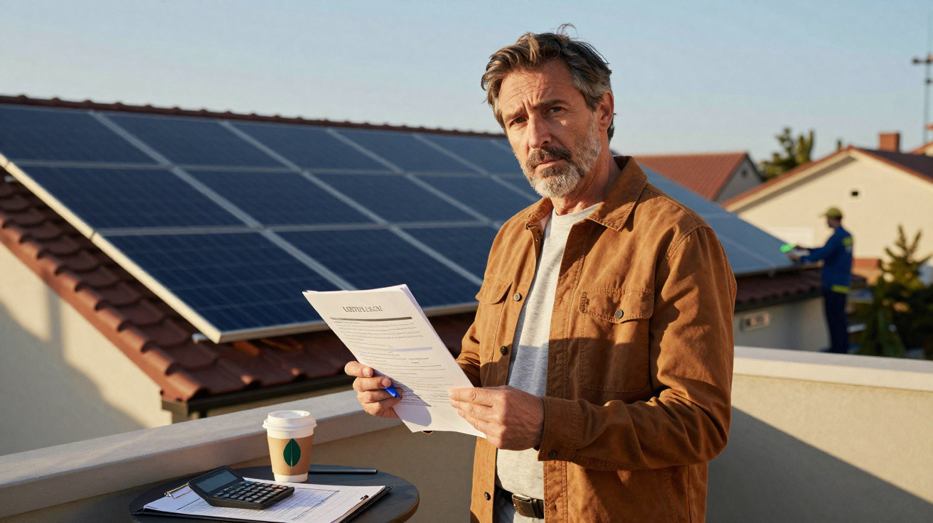 Man holding a contract standing outdoors near solar panels on a rooftop with papers and coffee on a table.
