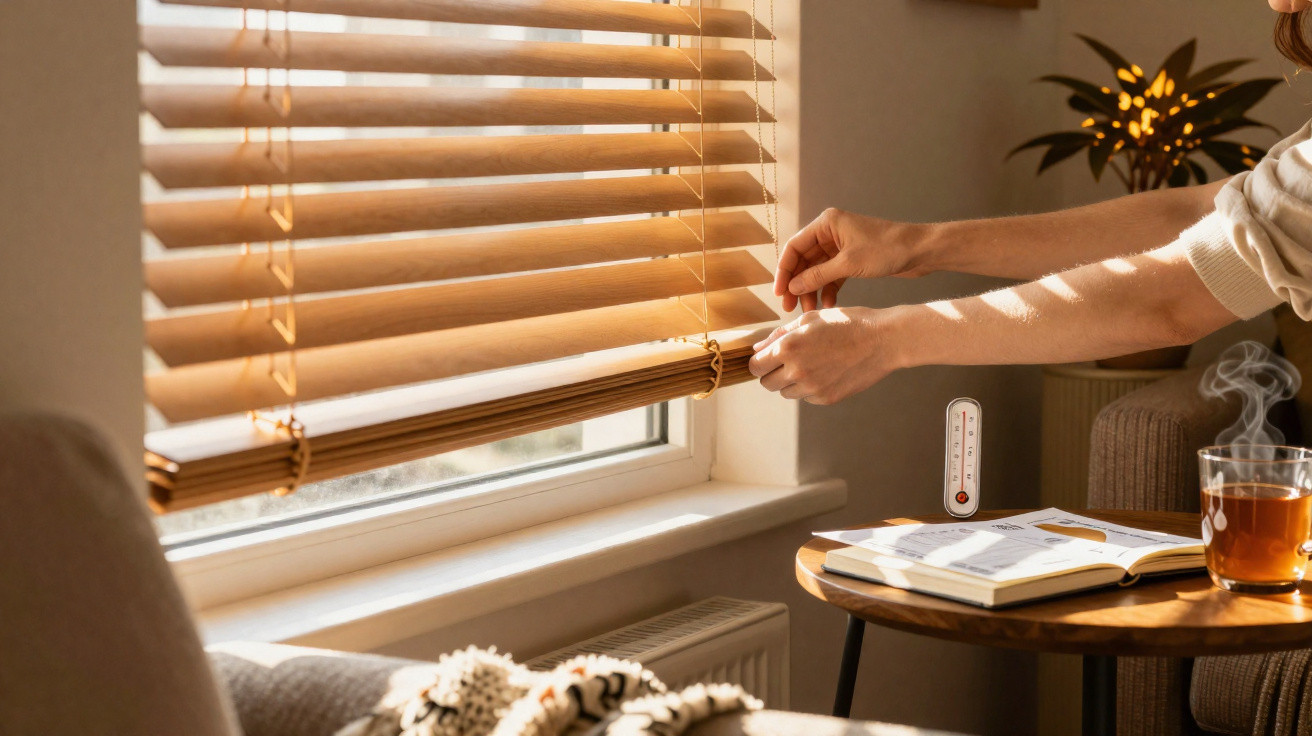 Person adjusting wooden blinds in a sunlit cosy room with a book and steaming cup on a table nearby.