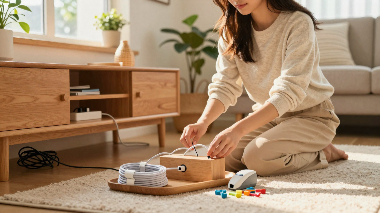 Woman kneeling on carpet assembling wooden electrical cable organiser with tools in a bright, modern living room.