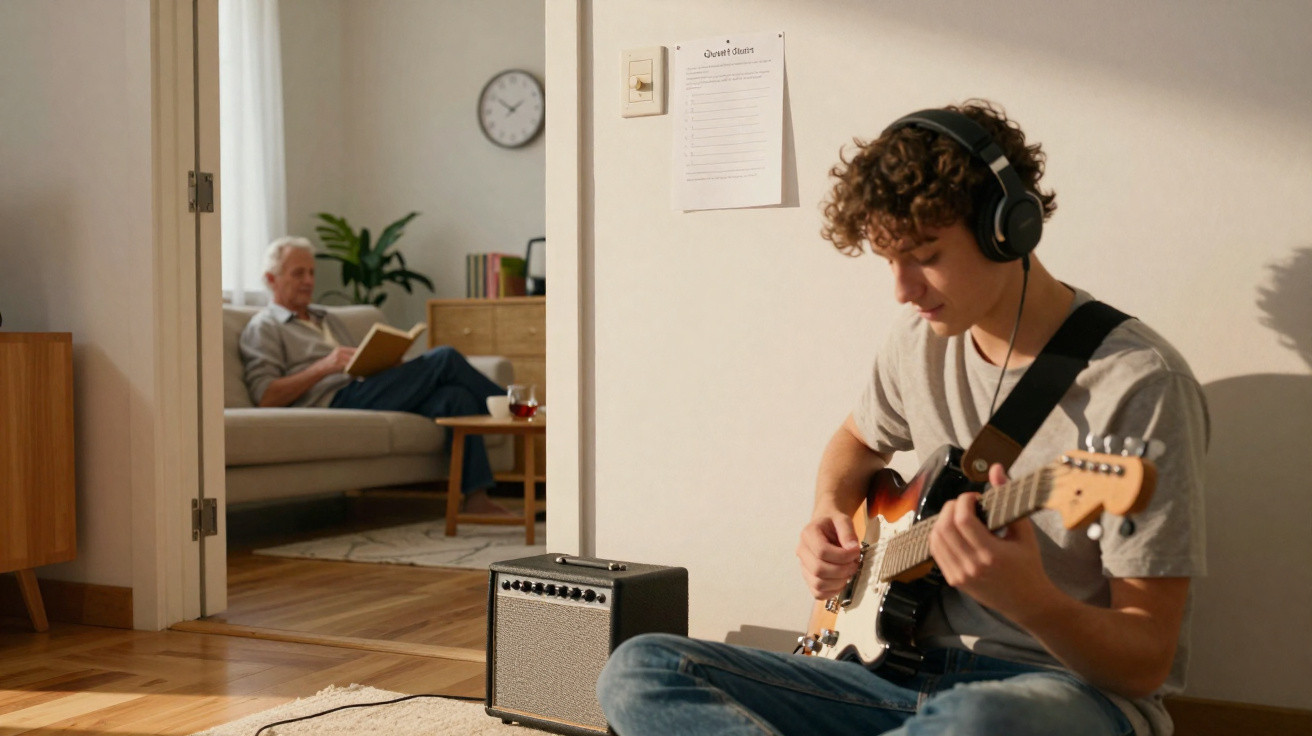 Teenage boy playing electric guitar with headphones while an elderly man reads in the background.