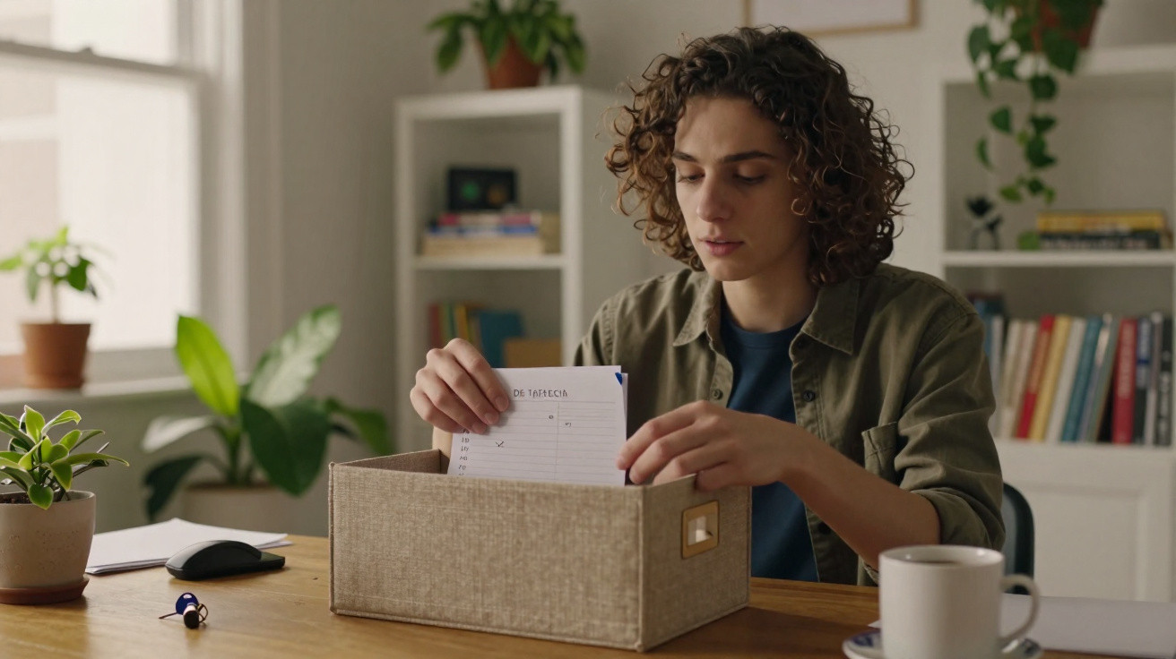 Person organising receipts into a storage box at a wooden table in a cosy, plant-filled room.