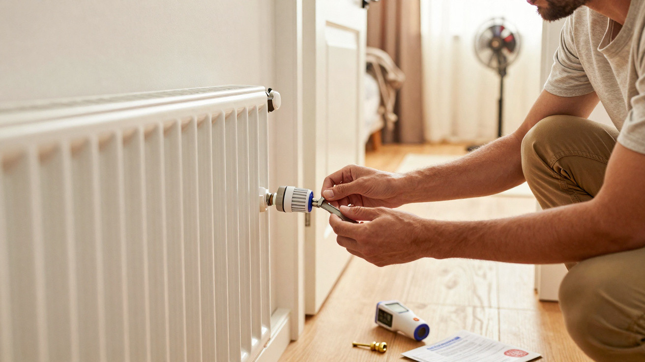 Man adjusting a thermostatic valve on a white radiator in a bright room with wooden flooring.