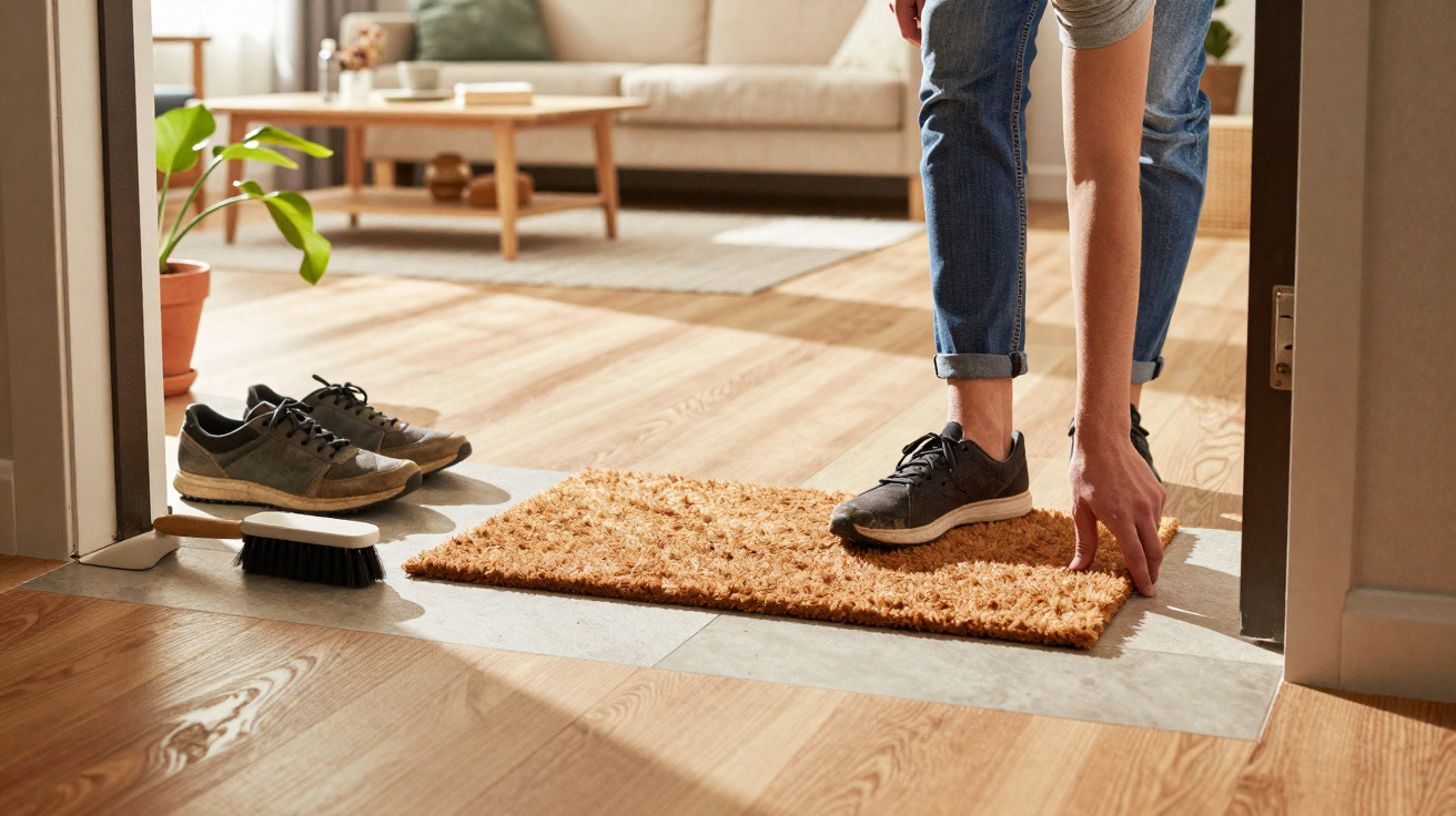 Person placing a doormat on the floor at the entrance of a bright living room with shoes nearby.