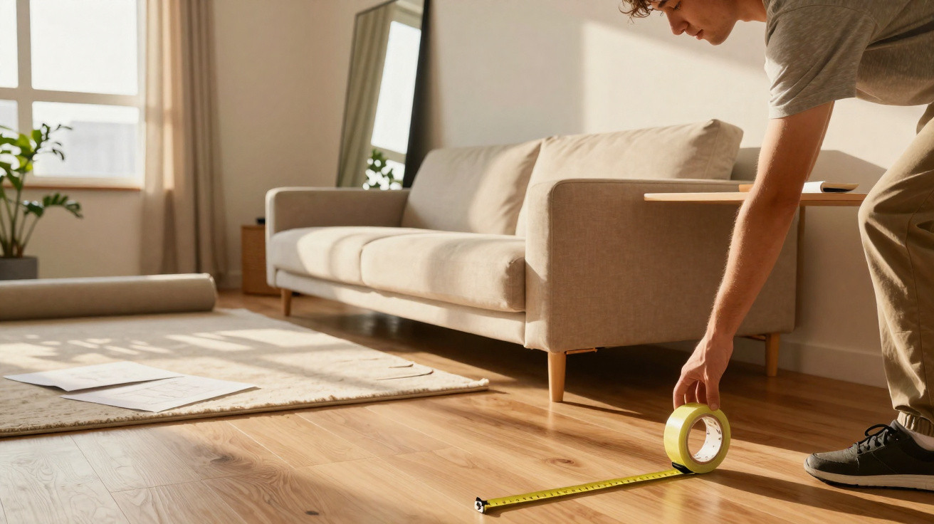 Person measuring wooden floor with tape measure and masking tape in a bright living room with beige sofa and rug