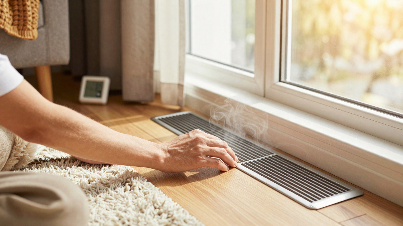 Hand reaching to touch a warm air vent on wooden floor next to a window with sunlight shining in.