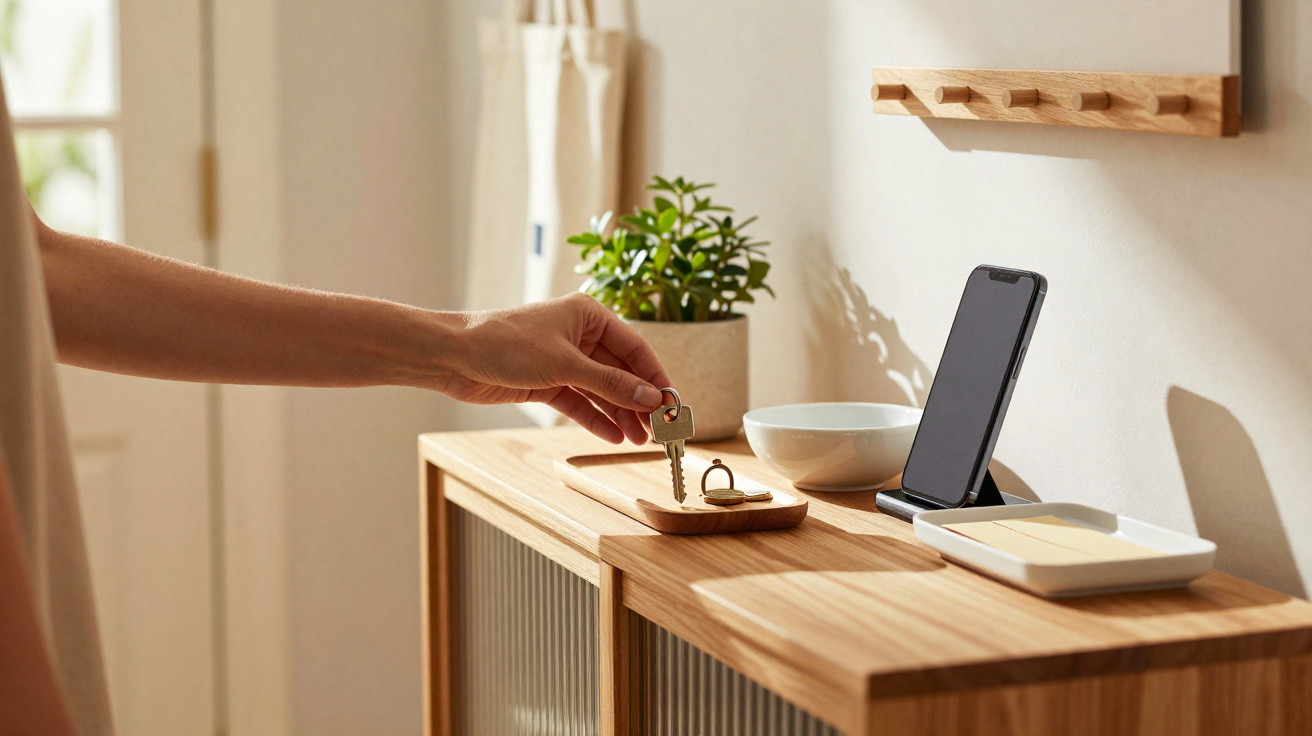 Hand placing keys on a wooden tray on a sideboard with a smartphone and small plant in a bright room.